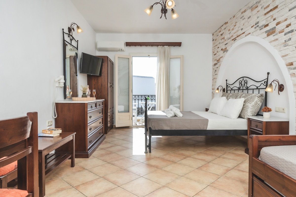 A bright studio space features a spacious double bed adorned with pillows, accompanied by a comfortable sofa bed. A television and dresser provide functional amenities. Light-colored tiled flooring enhances the openness, while a private balcony is accessible through glass doors.