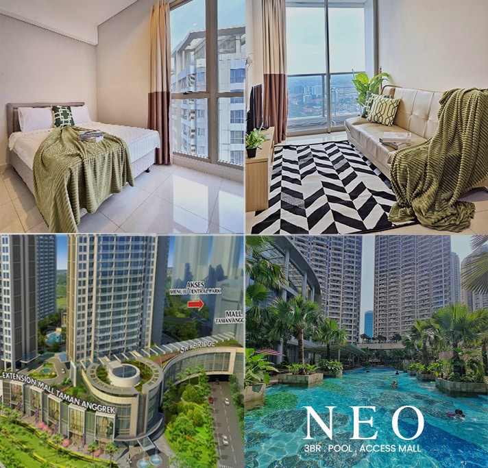 A bright bedroom features a large window offering panoramic city views, with a neatly made bed adorned with a cozy blanket. Adjacent, the living area showcases a modern sofa complemented by a stylish rug, with natural light enhancing the space. The complex exterior is highlighted, showcasing its connection to Taman Anggrek Mall and relaxing outdoor swimming pool.