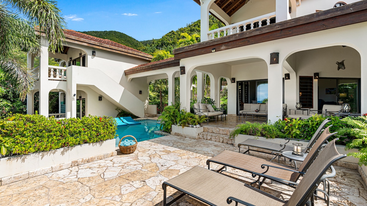 The villa's outdoor area features a spacious stone patio adorned with lounge chairs, framed by lush tropical landscaping. A salt-water pool is visible, with a decorative basket resting on the surface, inviting relaxation under the sun. The architecture showcases charming design elements and balcony spaces.