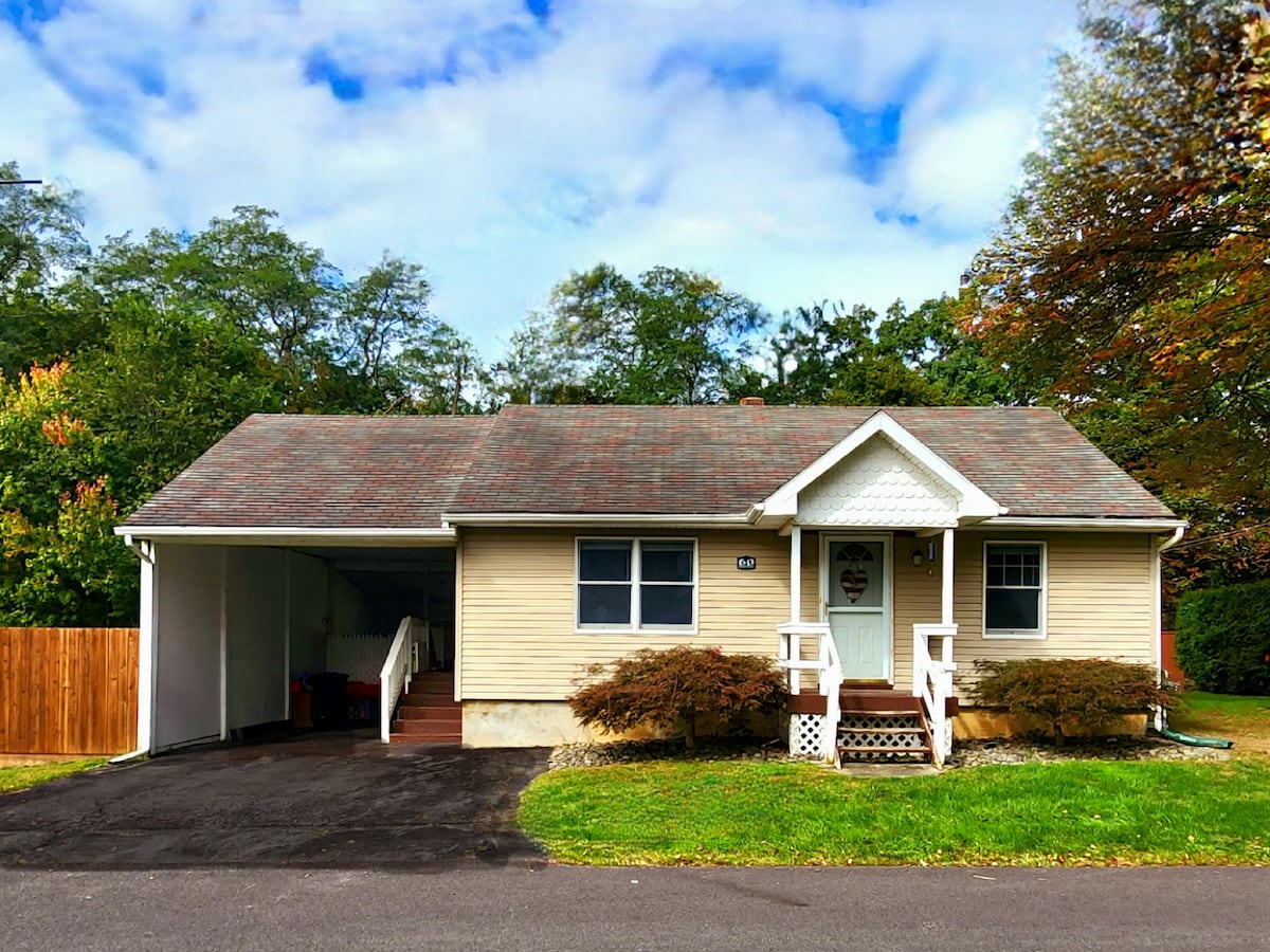 A single-story cottage is presented with a light-colored exterior and a welcoming front porch. A carport is included on one side, while a neatly maintained lawn features shrubs and trees in the background. The sky displays a mix of clouds and blue hints.