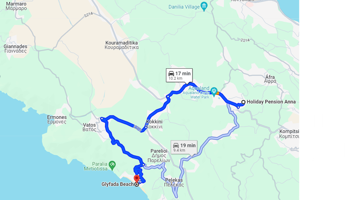 A detailed map is displayed, illustrating the routes from Glyfada Beach to Holiday Pension Anna. Multiple pathways are highlighted, emphasizing travel options within the surrounding areas. Notable destinations and estimated travel times are clearly indicated, providing valuable navigational information for guests.