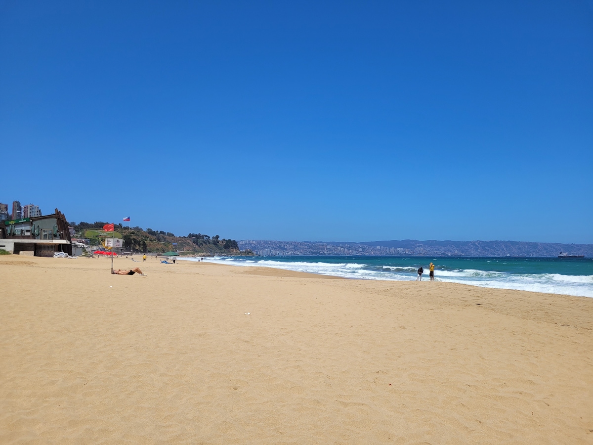 A wide sandy beach stretches along the shoreline, meeting calm waves under a clear blue sky. In the distance, a line of coastal buildings is visible, and a few people can be seen enjoying the sun and water.