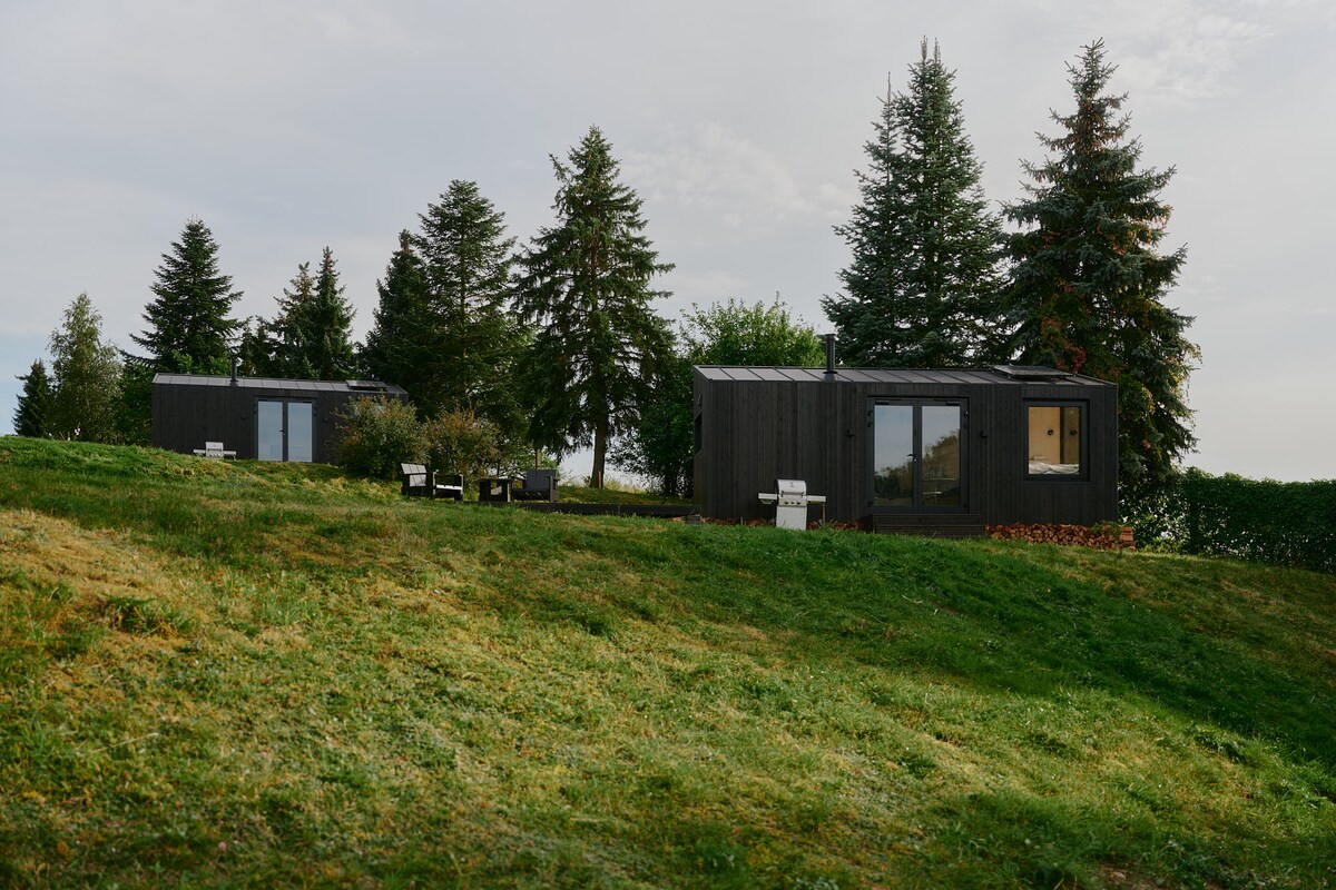 Two modern cabins are set against a backdrop of green lawns and trees. Each cabin features large windows, offering access to natural light. The area includes a few outdoor seating options, complementing the serene environment.