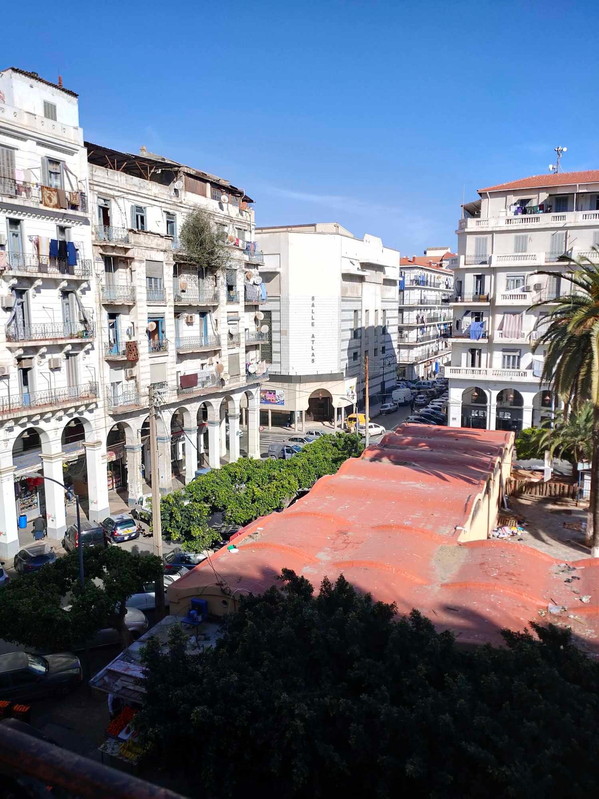 A vibrant urban view is presented, showcasing a mix of classic and modern architecture. Lush greenery is noted in the foreground, complemented by a bustling street scene. The clear blue sky enhances the overall brightness of the city landscape.