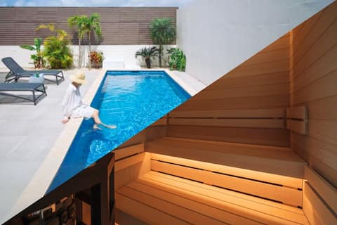 Private resort villa with Japanese bath, Finnish sauna, and heated private pool