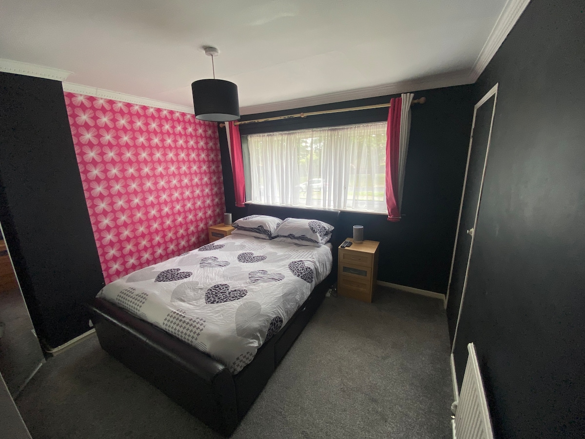 A bedroom displays a spacious bed with a patterned duvet, flanked by two wooden nightstands. The wall features a vibrant pink floral design, contrasting with the dark walls. Natural light filters through a wide window, adorned with light curtains, creating a relaxed ambiance.