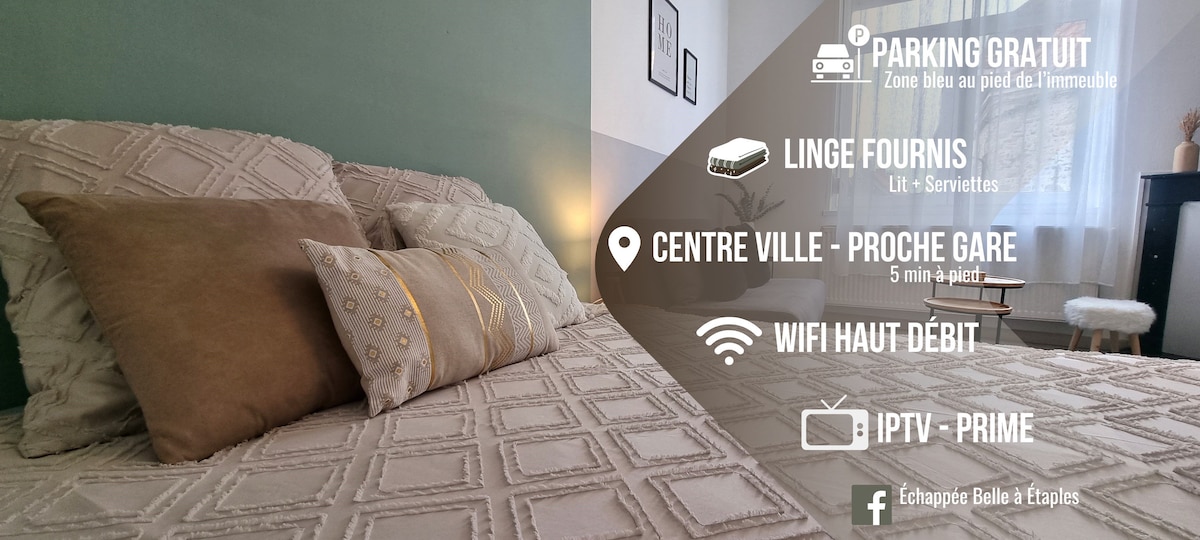 The image illustrates a neatly arranged sleeping area featuring a spacious bed adorned with neutral-toned bedding and decorative pillows. Natural light filters through a window with sheer curtains, illuminating the room. Informational icons highlight amenities including free parking, provided linens, and high-speed WiFi.