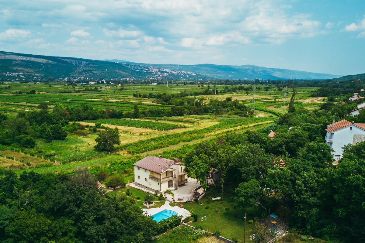 The holiday home is nestled among lush green fields and trees, with a swimming pool visible in the backyard. Rolling hills and distant mountains form a scenic backdrop, while the sky is partly cloudy, adding a serene atmosphere to the surrounding landscape.