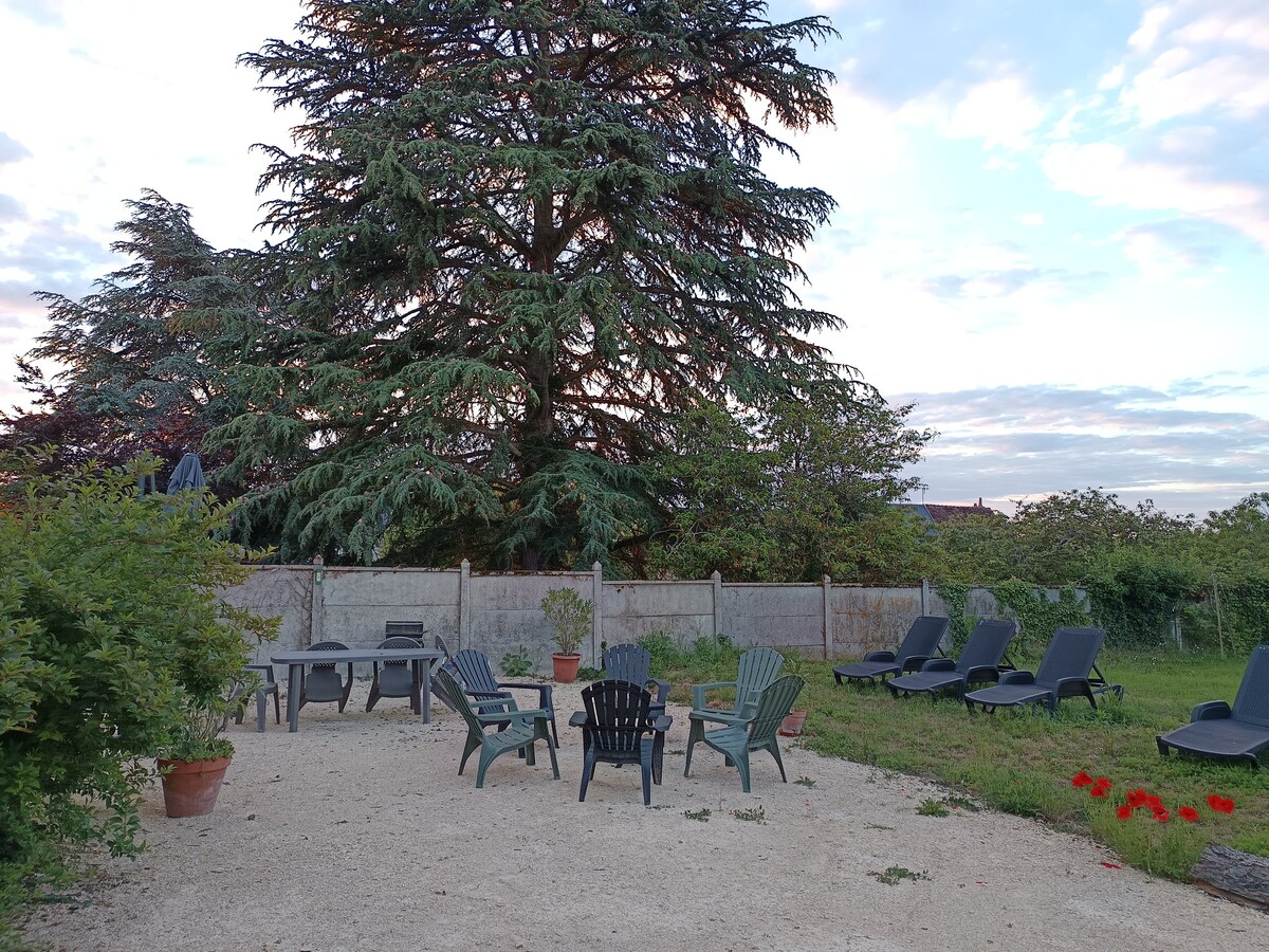 An outdoor space is visible, featuring a mix of seating arrangements including lounge chairs and a circular seating area around a small table. A large tree provides shade, while surrounding greenery adds a natural touch to the landscape.