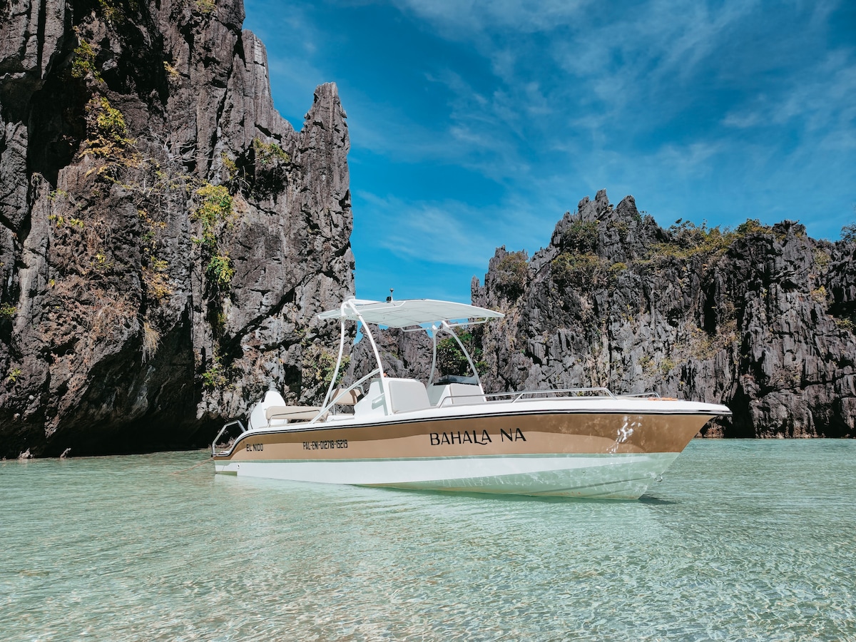 A sleek speedboat is anchored in clear turquoise waters, surrounded by rugged limestone cliffs that rise sharply from the shoreline. The boat features a white canopy and is marked with the name 'BAHALA NA.' Sunlight reflects off the water, creating a serene and inviting scene.