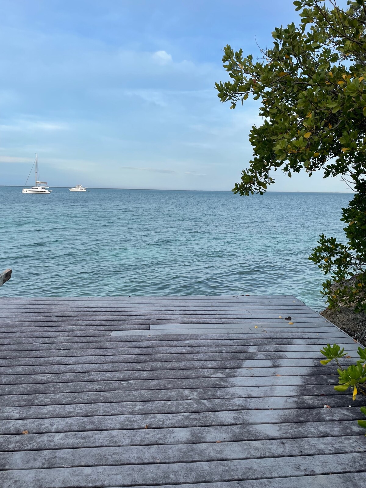 A wooden dock extends towards the calm waters of the Sea of Abaco, framed by greenery on the right. Two sailboats are visible in the distance under a subtly cloudy sky, providing a serene backdrop to the tranquil seascape.