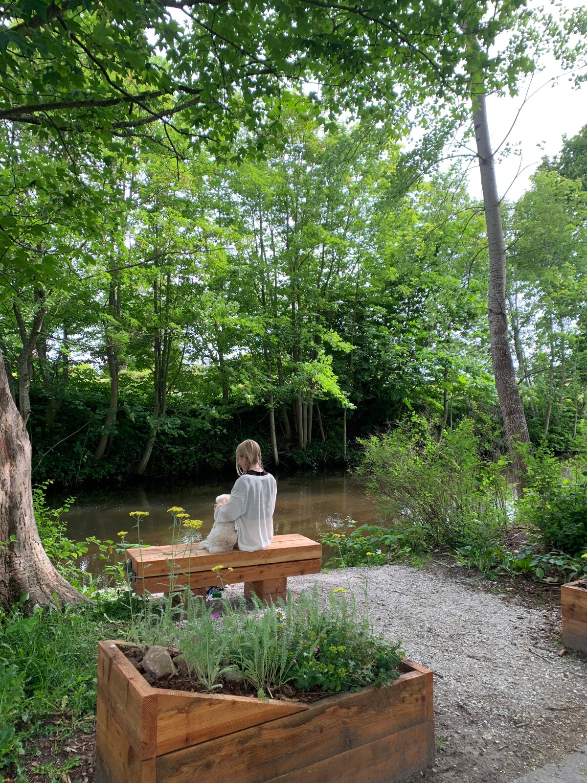 A serene riverside setting is highlighted with lush greenery and wooden planters filled with herbs and flowers. A person sits quietly on a rustic bench, facing the calm river, surrounded by trees that provide a natural canopy.