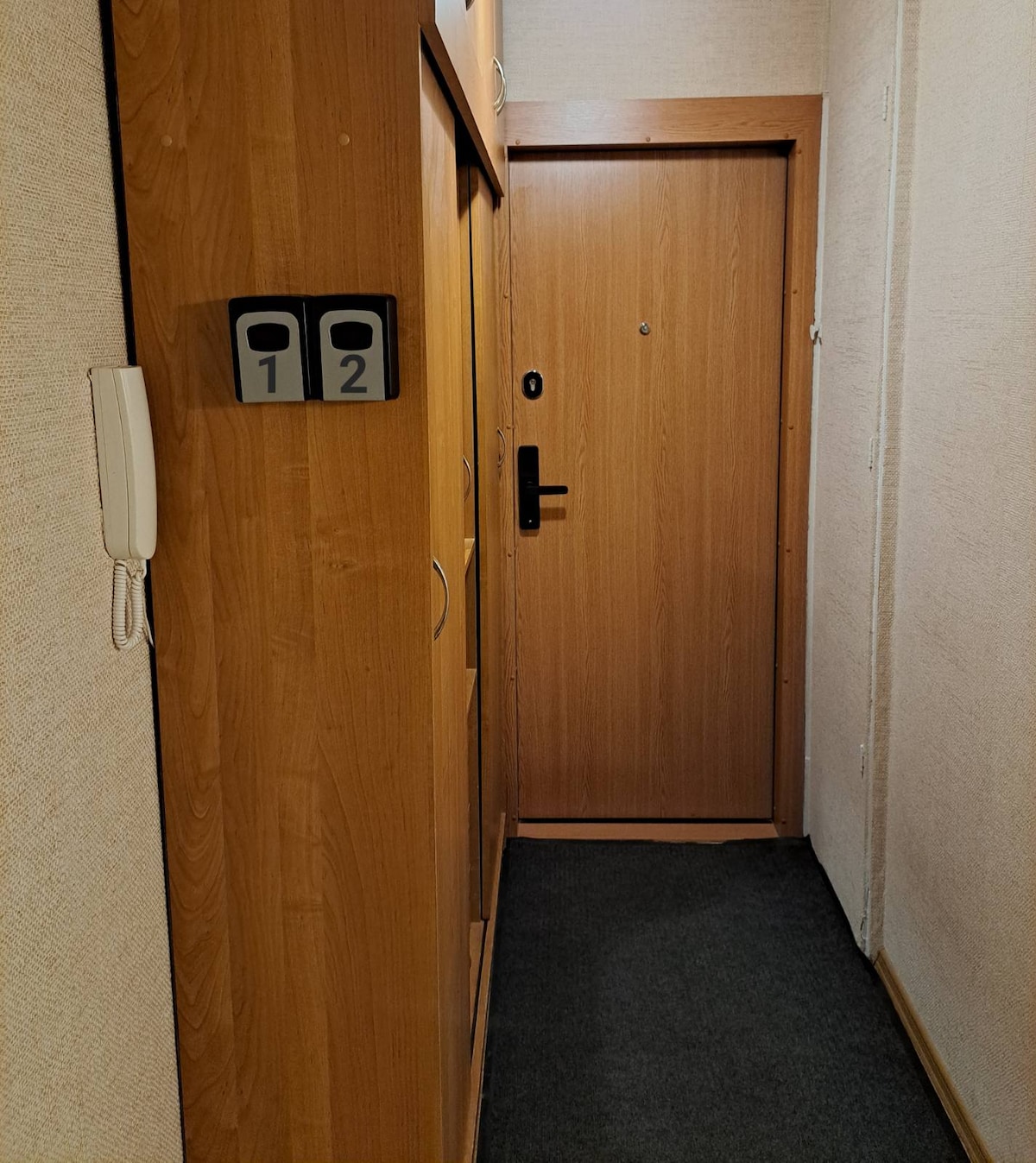 An entrance hallway is displayed with a wooden closet built into the wall. The wooden door leading outside is visible, alongside a small intercom panel. Numbered mailboxes, labeled '1' and '2,' are mounted on the wall beside the door, with dark carpet lining the floor.