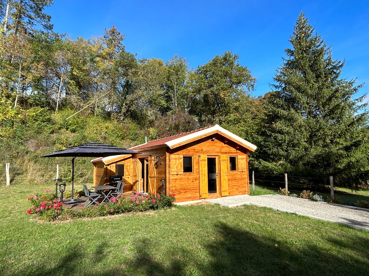 A wooden chalet is set amidst greenery, featuring multiple large windows and a sloping roof. A shaded terrace with a table and chairs extends from the front, surrounded by flower beds. Tall trees provide a natural backdrop, enhancing the tranquil setting.