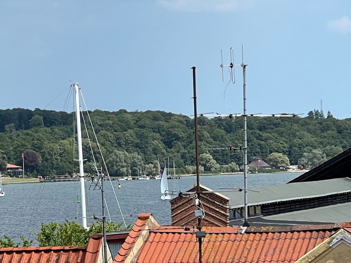 The image features a scenic view of a harbor, showcasing a body of water framed by greenery. Sailboats can be spotted sailing in the distance, with a mix of rooftops in the foreground, including red tiles and antennas. The sky is clear and bright.