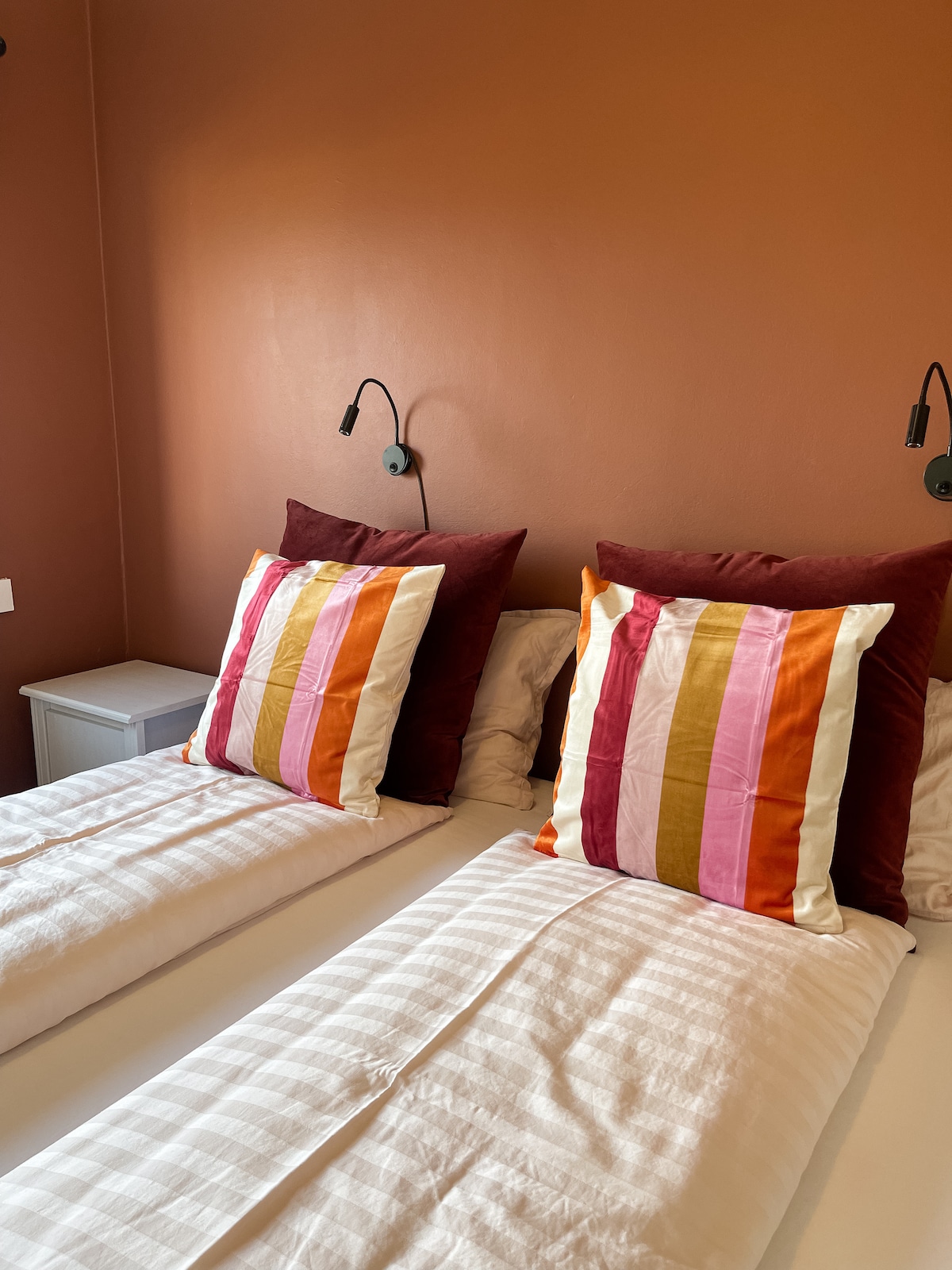 A cozy sleeping area features two spacious beds dressed in light bedding. Each bed is adorned with colorful striped and solid pillows, adding a pop of color against the warm, earthy-toned wall. Modern wall-mounted lamps are positioned above the beds for reading.