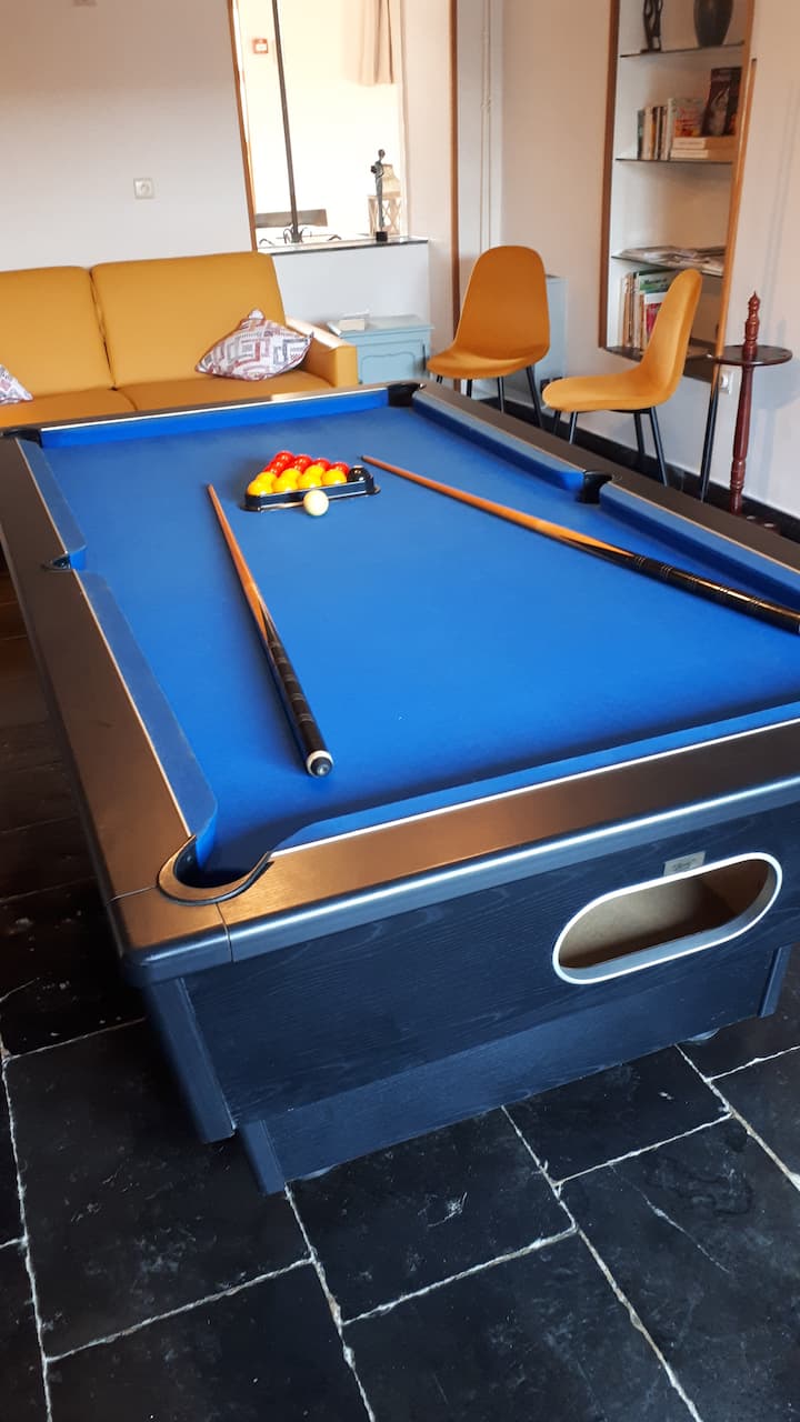 Bilardo në dhomën e ndenjjes "çlodhje" me divan krevat për 2 persona dhe ambientin e leximit me bibliotekën e vogël.