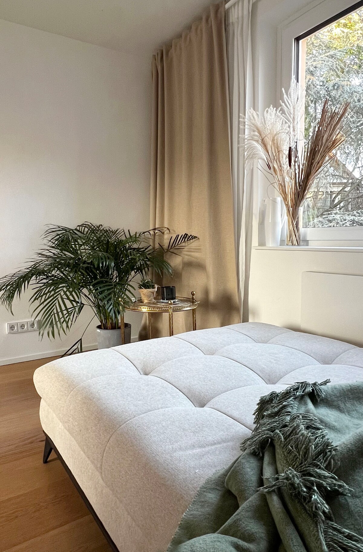 A bright and serene sleeping area features a light-colored bed with tufted upholstery. A green throw blanket is draped across the foot. Natural light enters through a large window dressed with soft curtains, while a potted plant adds a touch of greenery.