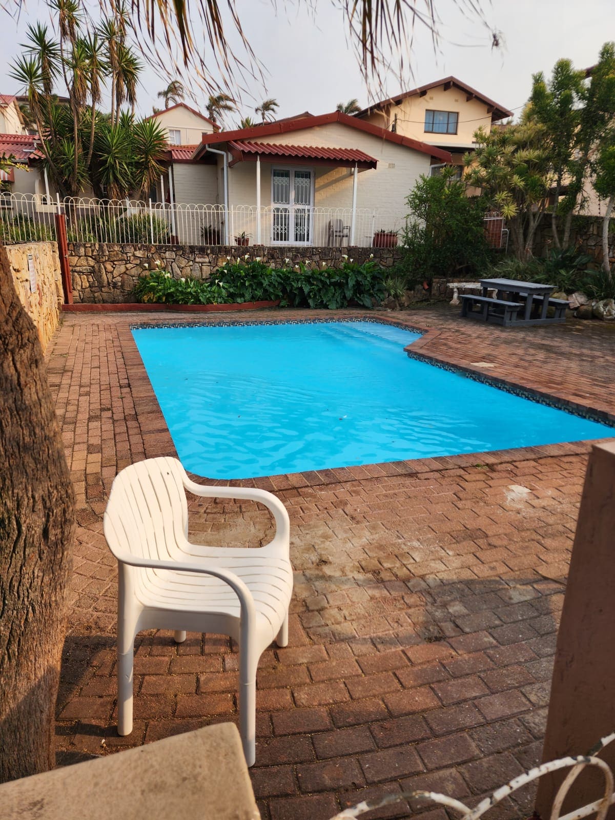 A refreshing swimming pool is framed by a brick patio, surrounded by lush greenery. A white plastic chair is positioned nearby, offering a space to relax. The pool's clear blue water glistens under natural light, enhancing the inviting outdoor setting.