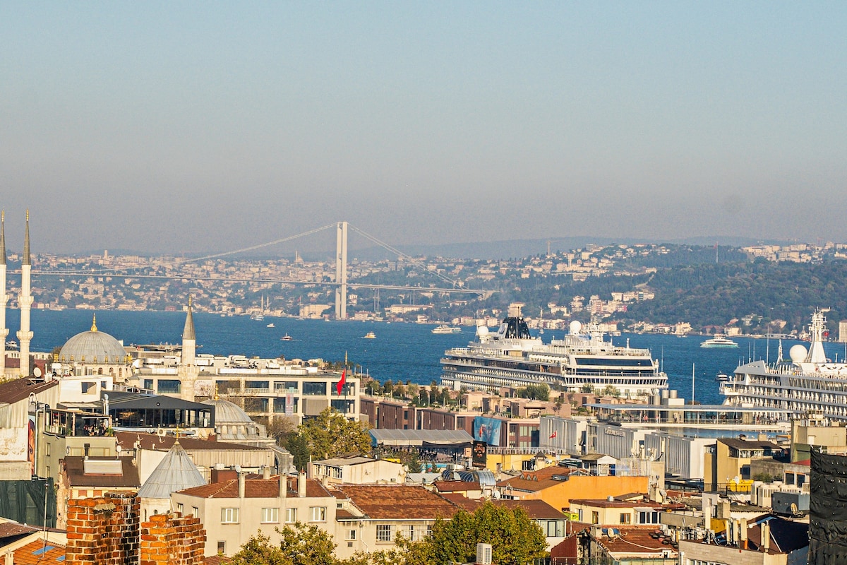 A panoramic view showcases the Bosphorus and its vibrant blue waters, framed by scattered rooftops of Istanbul. Landmarks can be seen in the distance, including a bridge spanning the water and boats navigating the harbor, illustrating the city's bustling maritime activity.