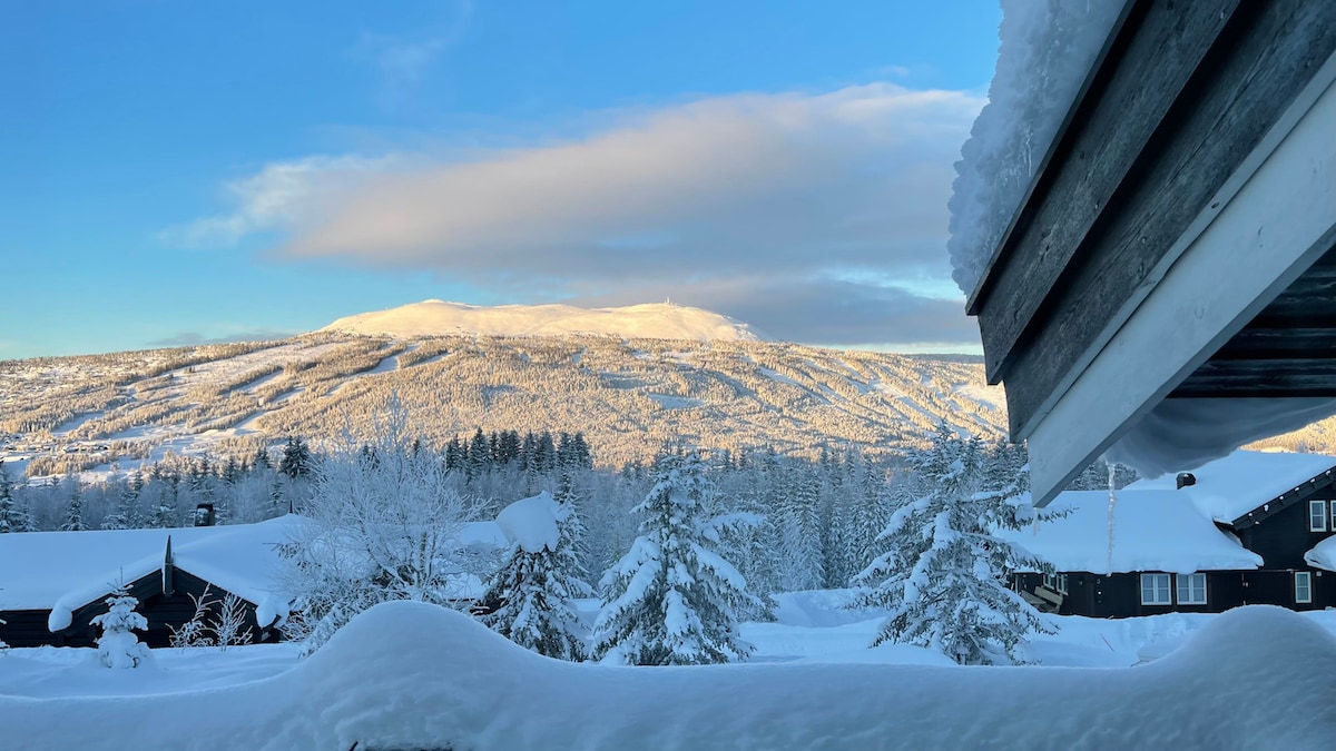 A snow-covered landscape reveals rolling hills and trees under a clear blue sky. The peaks are illuminated by sunlight, contrasting against the white snow. Scenic black cabins are partially visible in the foreground, creating a cozy alpine atmosphere.