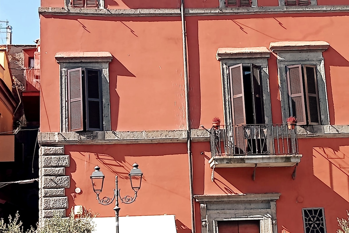 A vibrant orange building features large windows with shutters and a balcony adorned with potted plants. Decorative elements include stone detailing, while traditional street lamps provide an authentic touch, all enhancing the charm of the historic neighborhood.