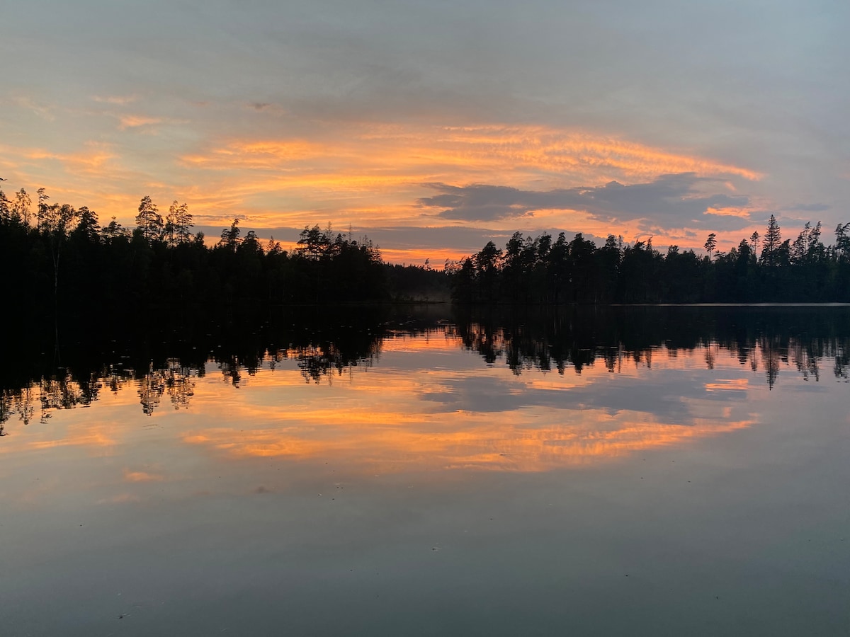 A serene lake reflects a stunning sunset, with hues of orange and pink blending into the sky. Surrounding trees frame the water's edge, creating a peaceful natural setting.