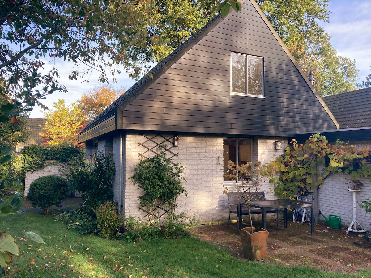 The exterior of the vacation home features a modern design with dark wooden cladding and a large window. Surrounding greenery includes well-maintained bushes and a decorative trellis, while a small patio area with a table and chairs is positioned on the brick path.