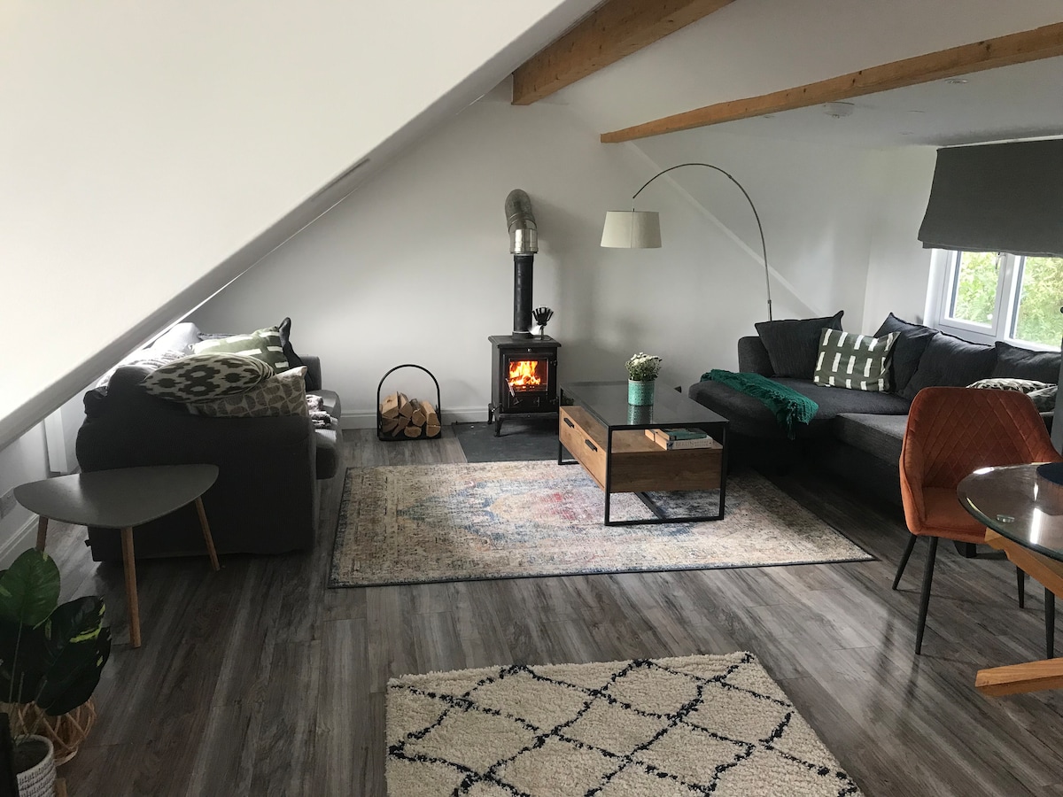 An open plan living area is highlighted by a cozy wood-burning stove, a large window allowing natural light, and comfortable seating arrangements. A neutral-toned area rug anchors the space, surrounded by tasteful decor, including potted plants and a stylish floor lamp.
