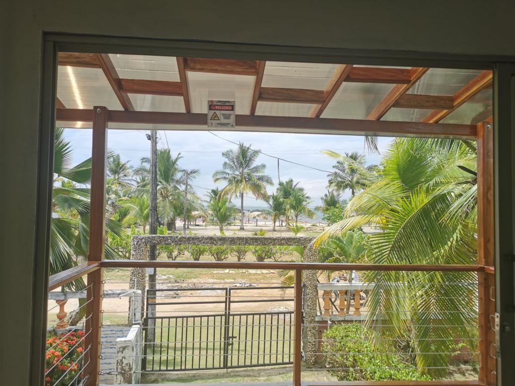 A view from the balcony showcases palm trees swaying gently in the breeze and a glimpse of the coastline beyond. The outdoor area features a low railing surrounding a landscaped garden, providing a tranquil setting with natural greenery.