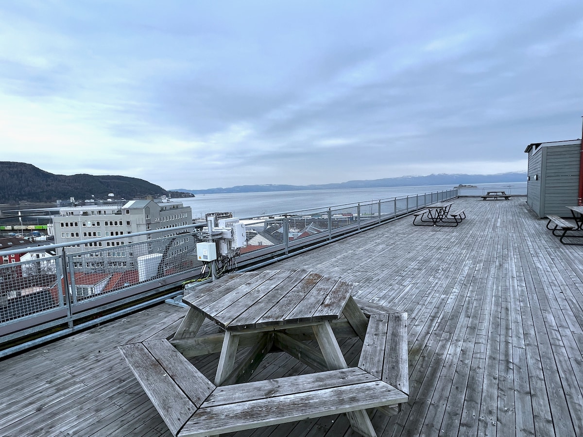 A spacious rooftop terrace is shown, featuring wooden flooring and multiple picnic-style tables. The surrounding railing offers safety while providing panoramic views of the distant shoreline and cityscape, under a soft grey sky.