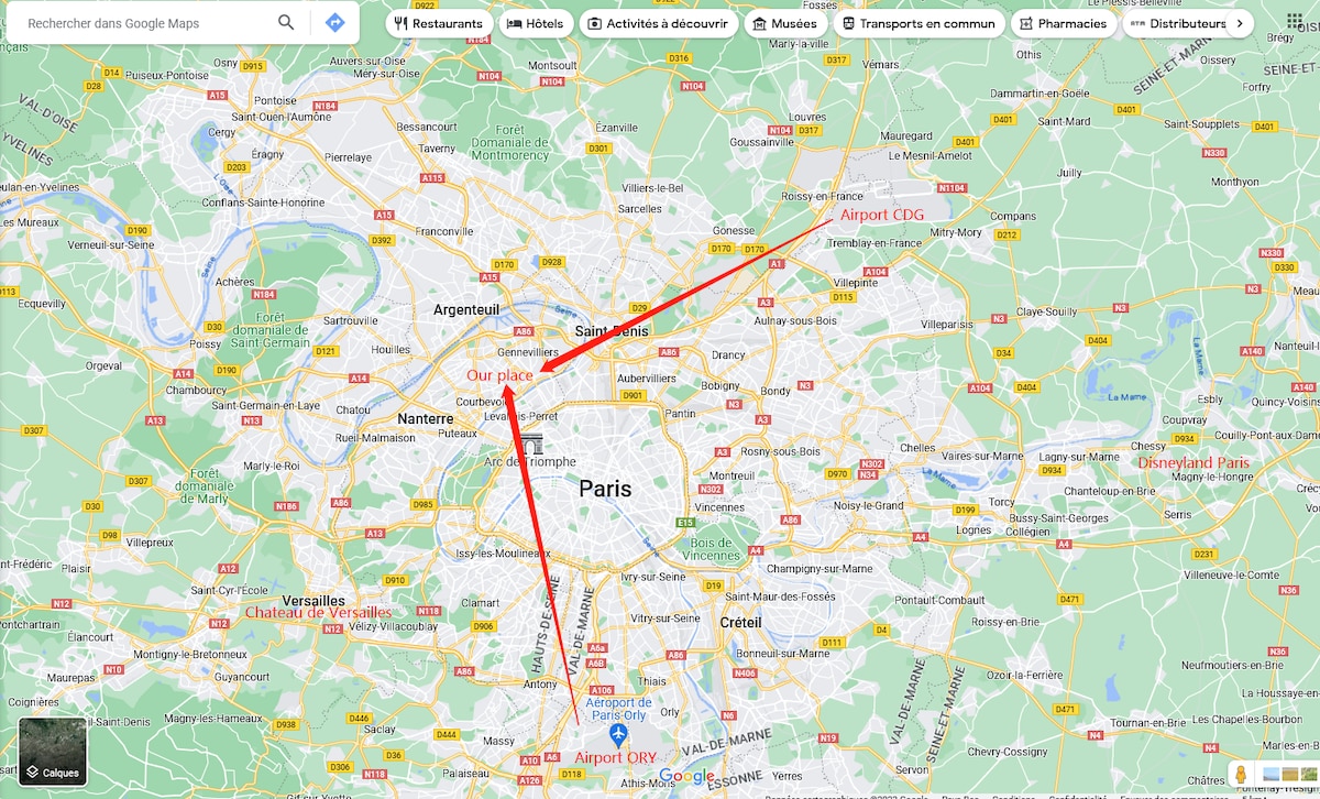 An overview map displays the locations of Paris and its surrounding suburbs, including direct routes highlighted in red. Key landmarks and transport points, such as the airports CDG and ORY, are marked for easy navigation.