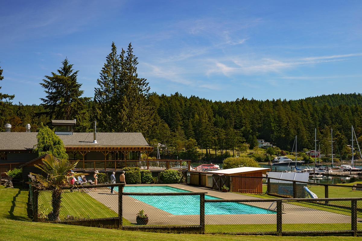A serene outdoor space is captured, featuring a swimming pool framed by a fenced area. Lush green grass surrounds the pool, while trees provide a backdrop. The marina and boats are visible in the distance, emphasizing the location's natural beauty.