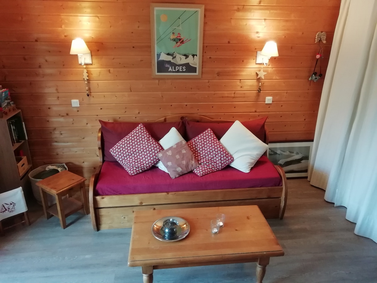 1 .ª planta:  sala de estar con un sofá cama nido de 2 plazas, un gran armario, una biblioteca y muchas mantas