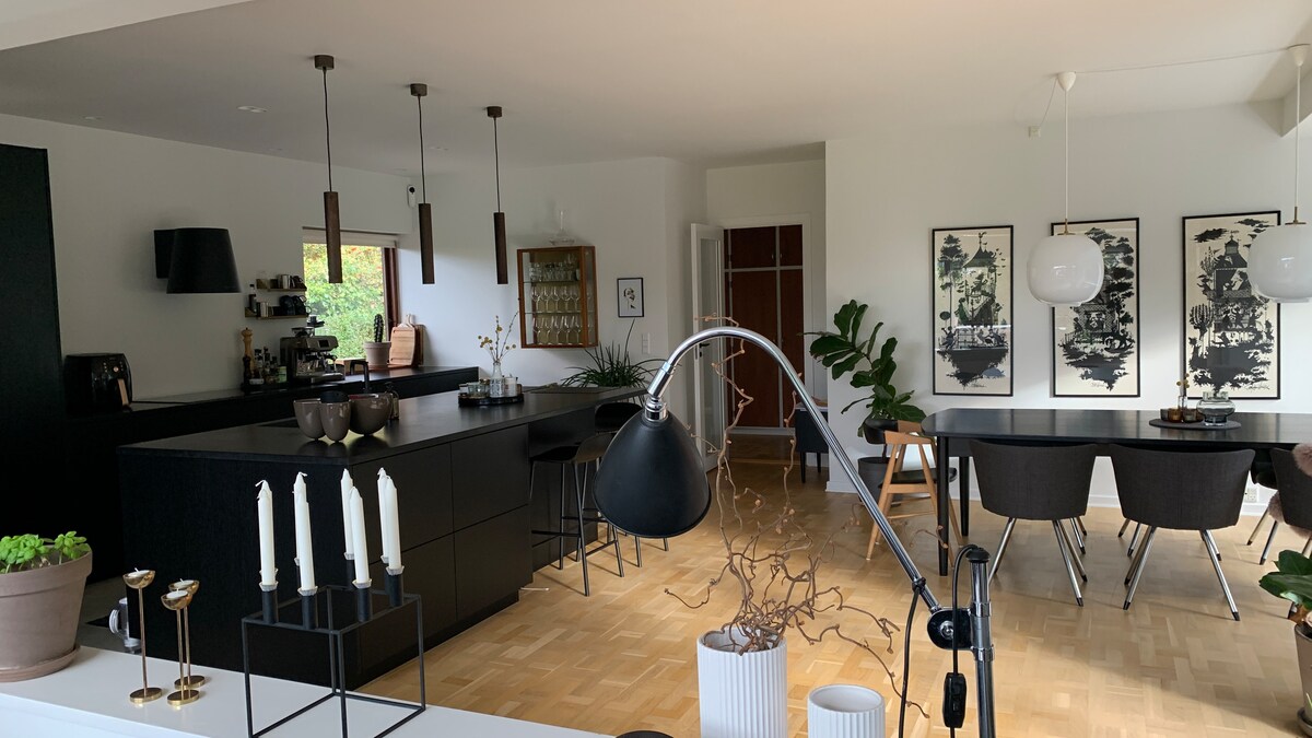 An open-plan kitchen and dining area is featured, showcasing modern black cabinetry and a central island. Dining tables with dark chairs are positioned nearby. Natural light enters through a window, illuminating the space, while greenery adds a touch of freshness to the decor.
