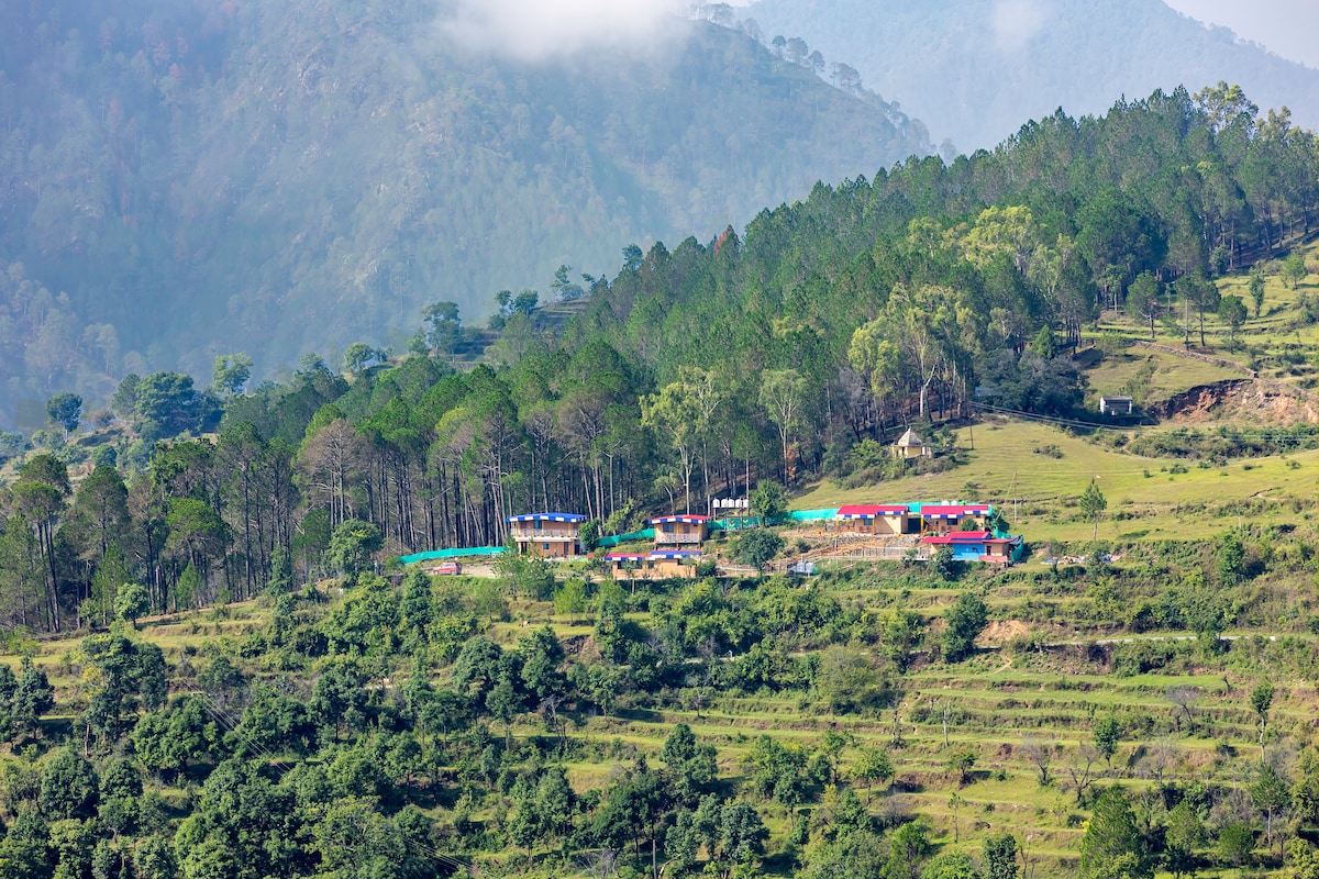 The image depicts a resort located amidst green forests and rolling hills. The buildings are arranged on a gently sloping landscape, blending with the natural surroundings. Towering trees and vibrant greenery enhance the tranquil mountain setting, with distant mountains partially shrouded in mist.