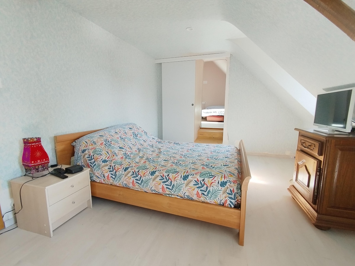 A bright bedroom features a wooden bed with a colorful floral duvet. A bedside table holds a phone and decorative lamp. A wooden cabinet and a television are present, while light enters through the angled roof window. A doorway leads to another room.