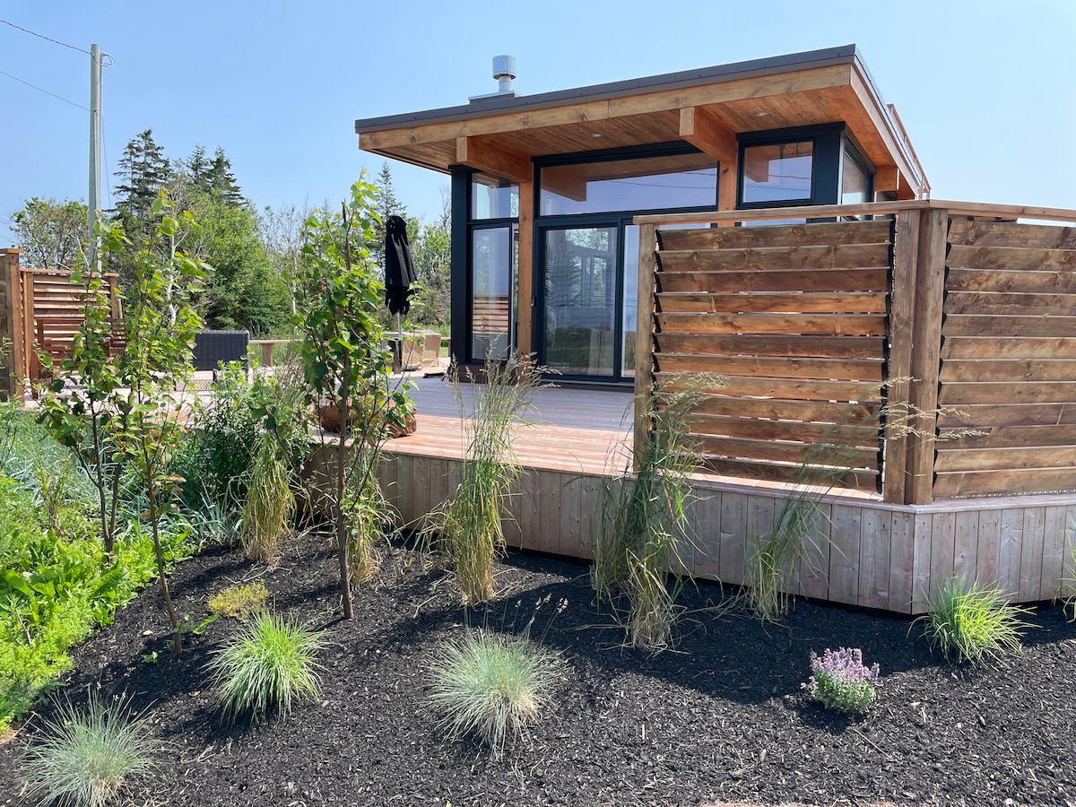 A modern cottage is depicted, featuring large glass windows and a spacious wooden deck surrounded by a landscaped garden. Low-maintenance plants and shrubs are present in the foreground, while a black outdoor umbrella stands to the side, providing shade.