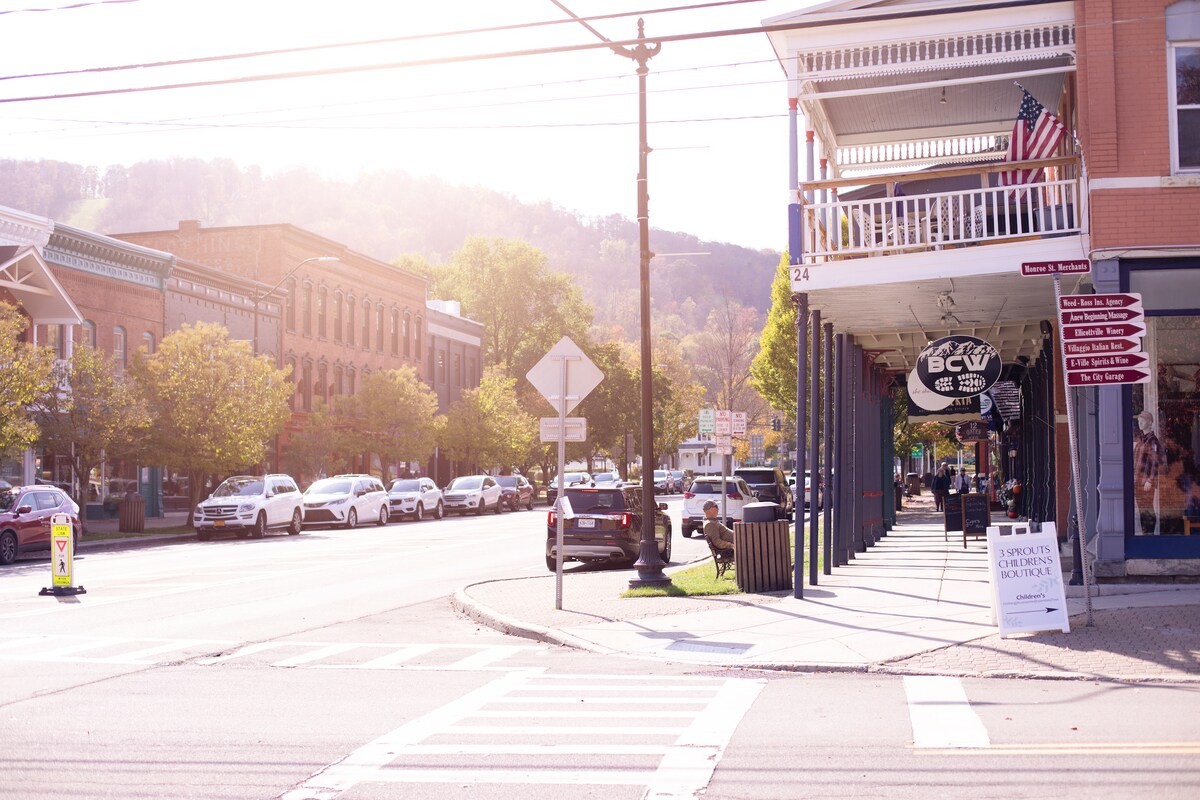 The image captures a vibrant street scene in downtown Ellicottville, showcasing charming buildings lined with trees. Vehicles are parked along the street, and a sign indicates the presence of nearby businesses. A gentle sunlight filters through, creating a warm and inviting atmosphere.