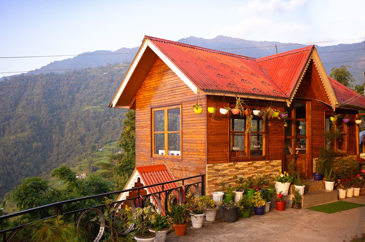 A wooden homestay is showcased with a red tin roof, nestled against a mountainous backdrop. Various potted plants line the terrace, adding greenery. Large windows offer views of the surrounding hills, with sunlight illuminating the structure from the late afternoon sky.