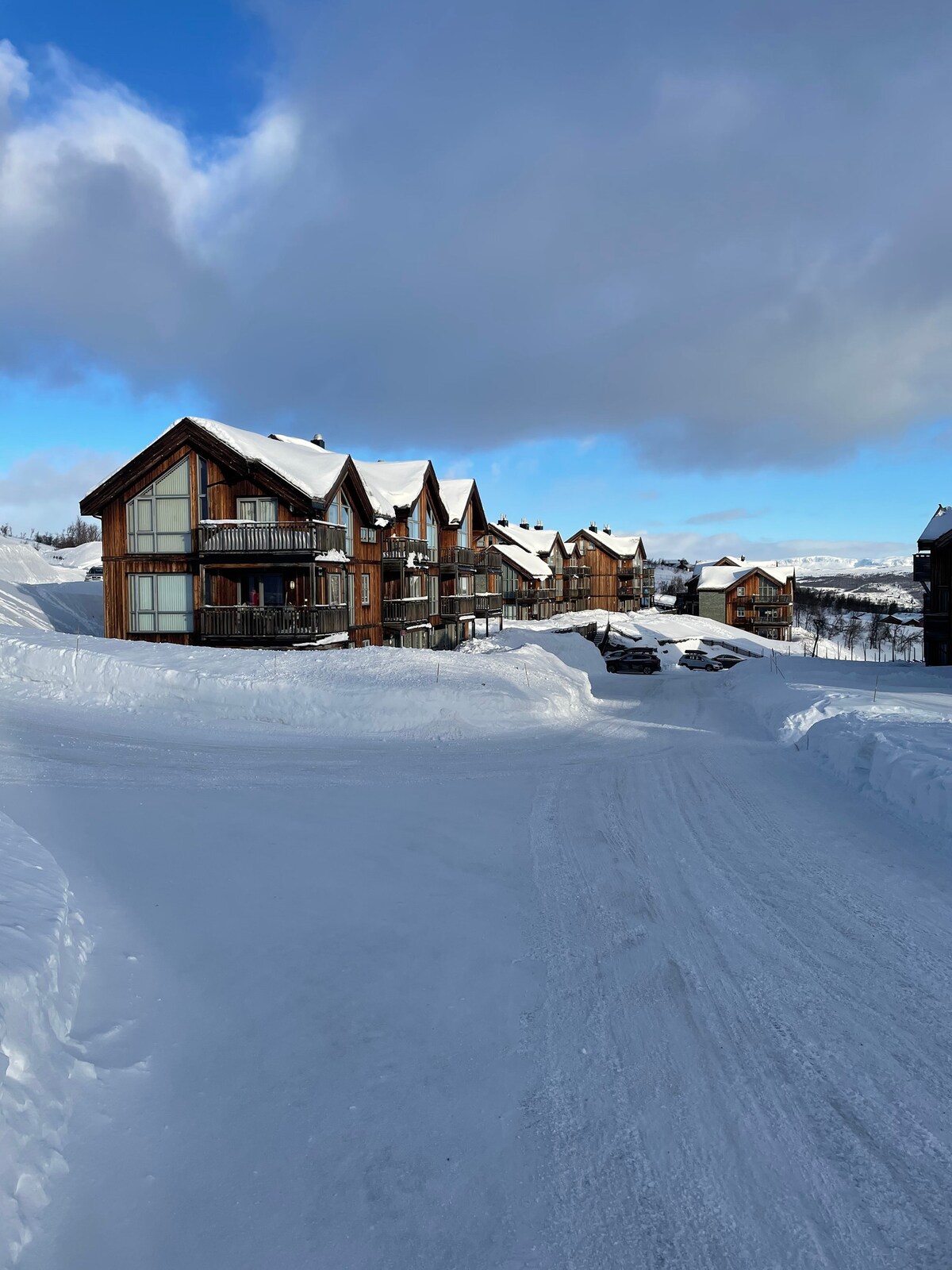 Wooden chalets are shown nestled in snow-covered surroundings, each featuring large glass facades and balconies. A snow-blanketed pathway leads through the area, with clear blue skies and scattered clouds seen in the background.