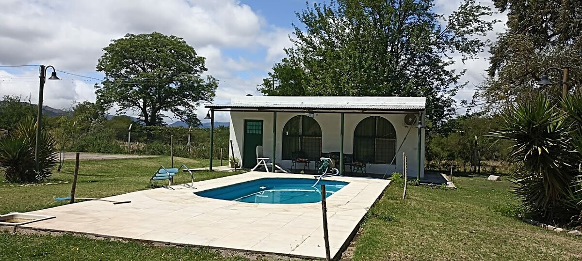 A private pool is surrounded by a spacious patio area, with lounge chairs positioned for relaxation. The house features a covered porch with arched doorways, and green trees provide shade in the lush garden area. A tranquil and green environment is evident.