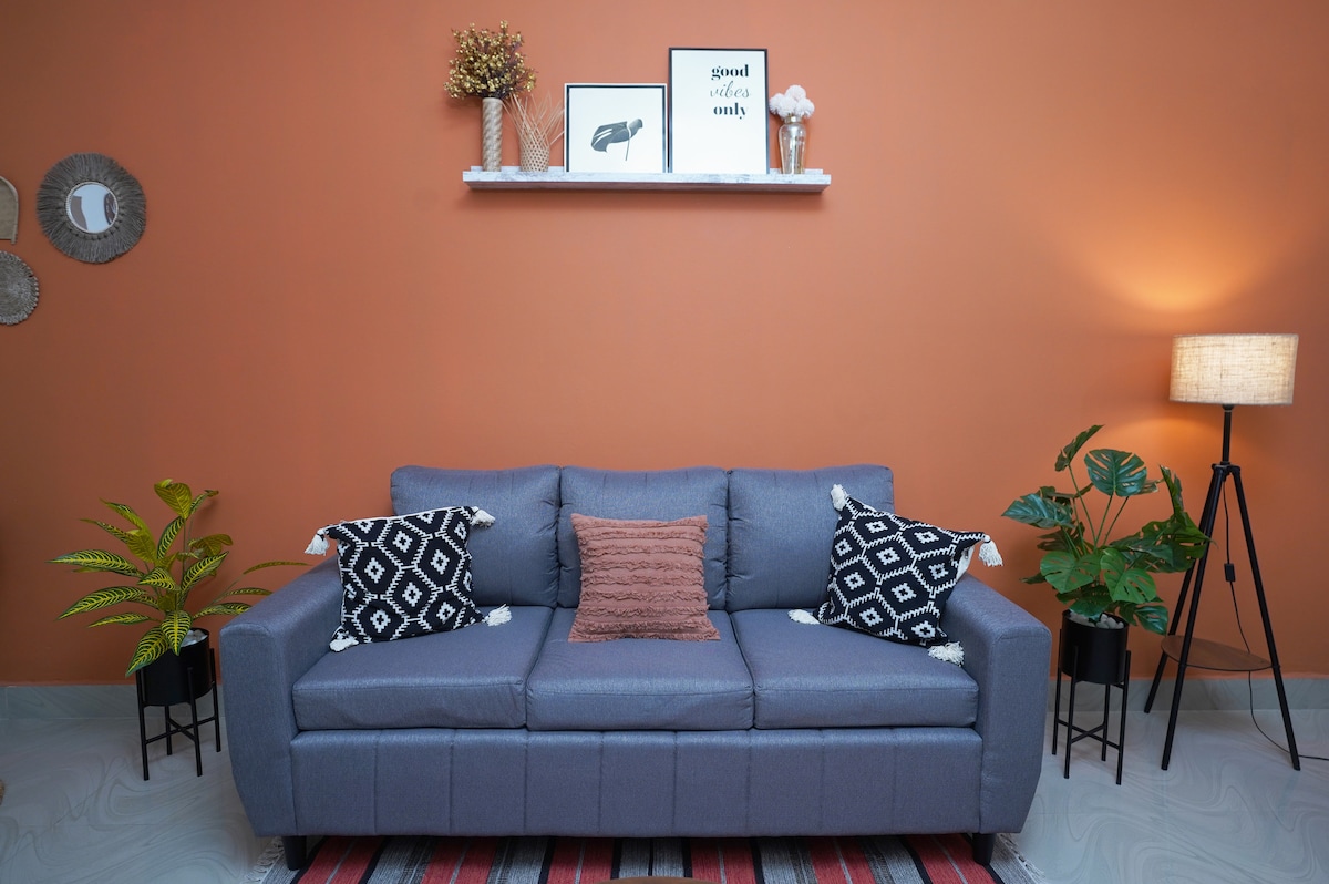A cozy living room corner features a comfortable gray couch adorned with patterned cushions and a rust-colored throw pillow. The rustic orange wall is complemented by decorative shelves displaying minimalistic decor. A floor lamp and green potted plants add warmth and a touch of nature to the space.