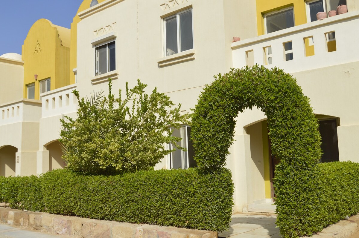 A well-maintained garden surrounds the entrance of the flat, featuring neatly trimmed hedges and a decorative archway formed by greenery. The flat's exterior is highlighted by yellow walls and large windows, providing a welcoming appeal.