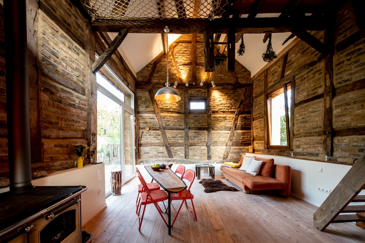 An open living space is characterized by exposed wooden beams and natural stone walls. Large windows provide ample natural light and views of the surrounding nature. A cozy seating area features a rust-colored sofa and a wooden coffee table, complemented by red dining chairs and a warm area rug.