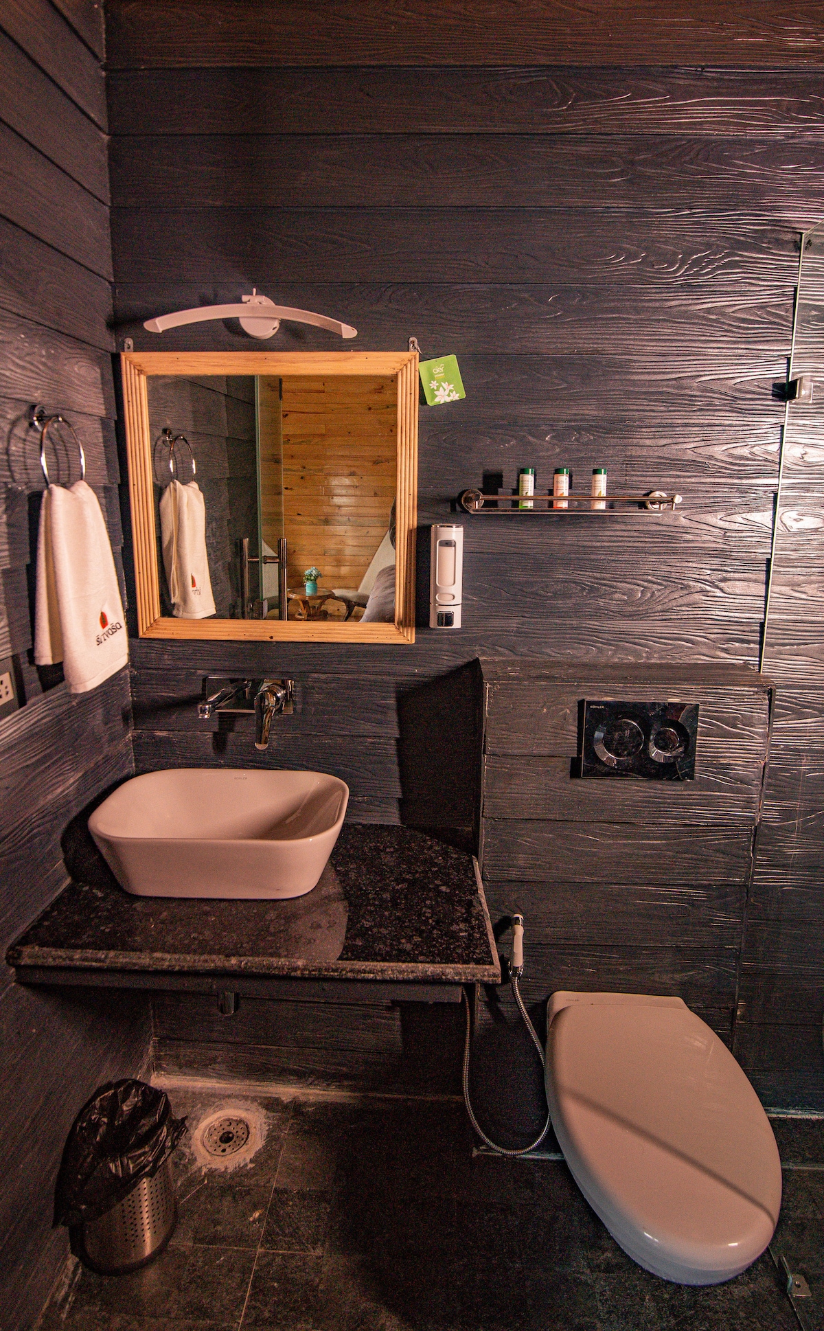 The bathroom features dark wooden paneling and a granite countertop with an undermount sink. A mirror is mounted above the sink, complemented by shelves holding toiletries. A modern toilet is positioned beside a waste bin, contributing to a functional and stylish space.