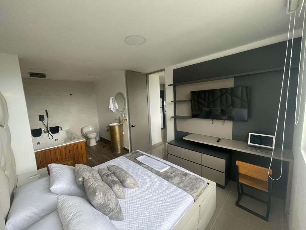 A modern bedroom is presented, featuring a spacious bed adorned with decorative pillows. A television is mounted on the wall opposite, while a desk is positioned nearby. The attached bathroom includes a jacuzzi and is separated by a partial wall, creating an open feel.