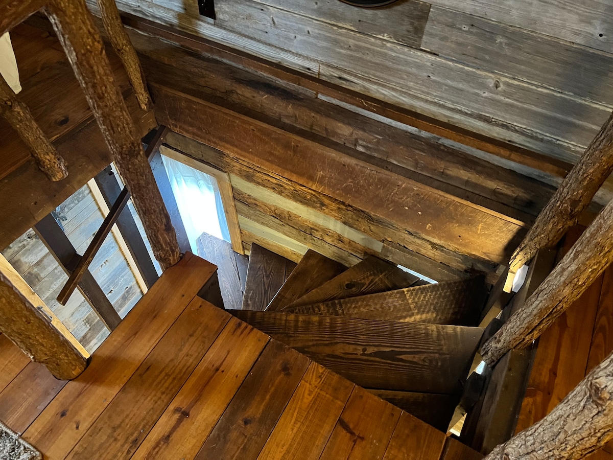 A spiral staircase crafted from natural wood spirals downward. The bannister features tree branch accents, enhancing the rustic charm. Soft light filters through the window at the bottom, illuminating the warm wooden steps and surrounding walls made of reclaimed wood.