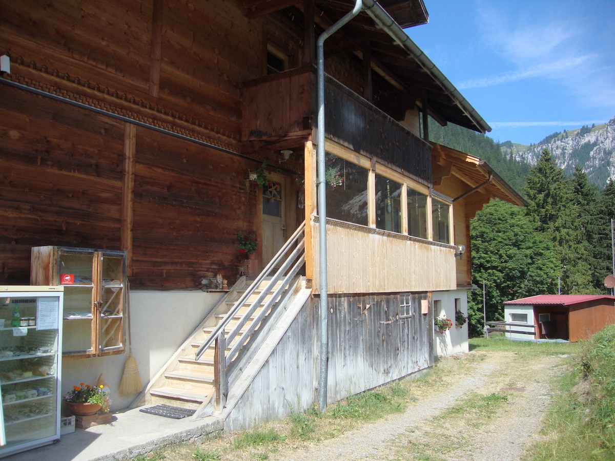 The exterior of a rustic wooden building is shown, featuring a set of stairs leading to a balcony. Surrounding greenery adds to the natural ambiance. A small shop window can be seen on the left, with potted plants enhancing the entrance.