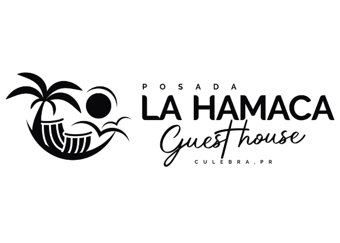 A stylized logo for La Hamaca Guesthouse is presented, featuring elements of palm trees and ocean waves. The design is simple yet bold, with a sun depicted above the horizon, creating a visual connection to the coastal surroundings.